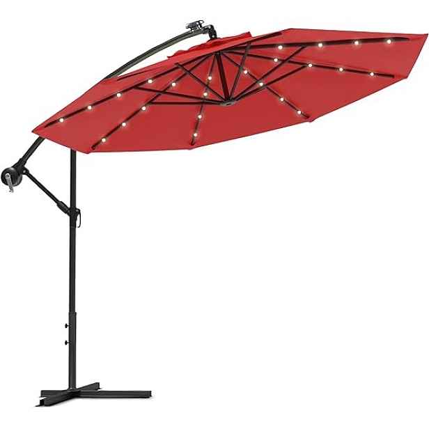 Závěsný slunečník s LED solárním osvětlením BestBerg BBHU-13 / 300 cm / červená