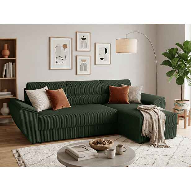 AKCE Rozkládací oboustranná sedací souprava do L TAVERO 251x140 cm, tmavě zelená II. jakost