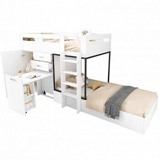 Modfu PATROVÁ postel z MDF 90x200 cm bílá a černá s výsuvným psacím stolem, šatní skříní a úložným prostorem