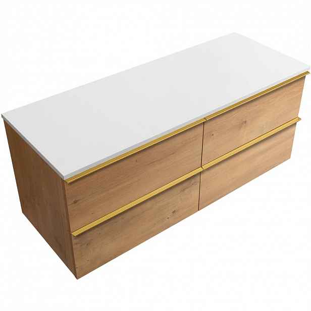 Koupelnová skříňka Velora - dub medový, úchytka zlatá + deska z lit. mramoru Elanys - 12 mm - bílá matná - 140x54,2x46,5 cm