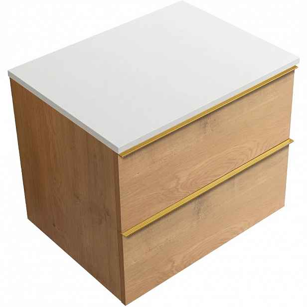 Koupelnová skříňka Velora - dub medový, úchytka zlatá + deska z lit. mramoru Elanys - 12 mm - bílá matná - 70x54,2x46,5 cm