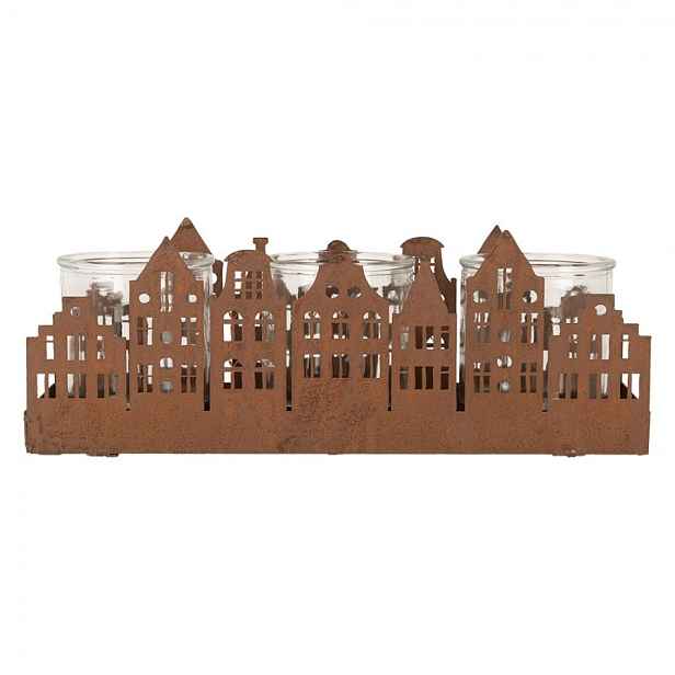 Rezavý svícen ve tvaru domků Brocante rust Amster  - 30*9*11 cm Clayre & Eef