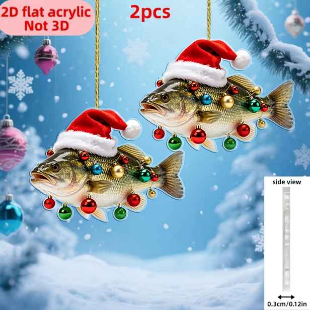 TEMU 2D Ploché, 2 ks 2D Ploché Vánoční Závěsné Ozdoby Okouna s Santovými Čepicemi - Akrylát Vhodné pro Vánoce, pro Domácí, Auta & Batohové Dekorace,