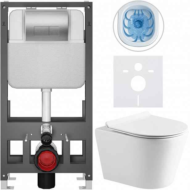 Kompletní WC set Basic/Carlito - bílá lesklá - WC tlačítko Modulo/Stříbrná - volně stojící - předstěnová instalace - 48,5x36,5 cm