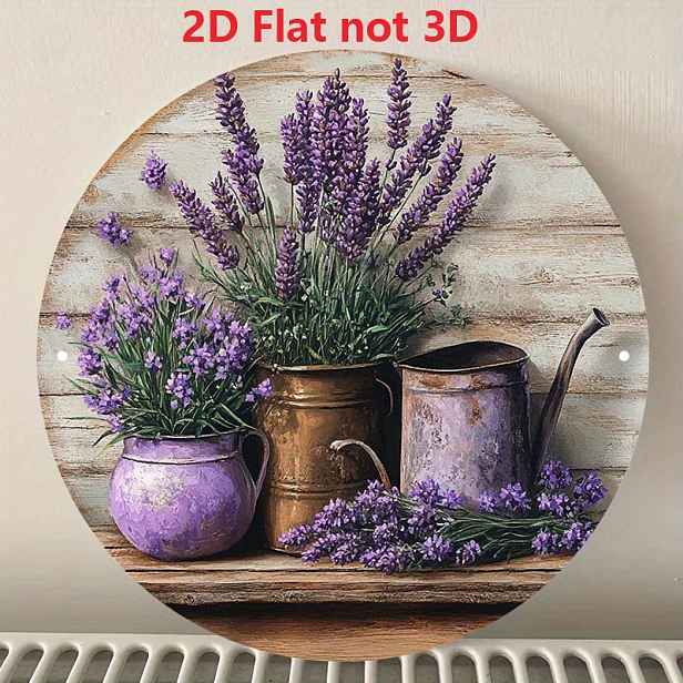 TEMU 2D plochý, 2D plochý tisk 1 ks kovová železná cedule 2D plochá, 1 ks 20,32x20,32 cm kulatá kovová cedule - Rustikální levandule ve vintage