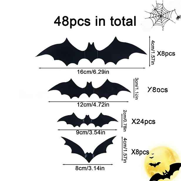 TEMU Nástěnná dekorace s netopýry, 48/72 ks 3D halloweenských dekorací s netopýry, 6 různých velikostí černých samolepek netopýrů domácí dekoraci,