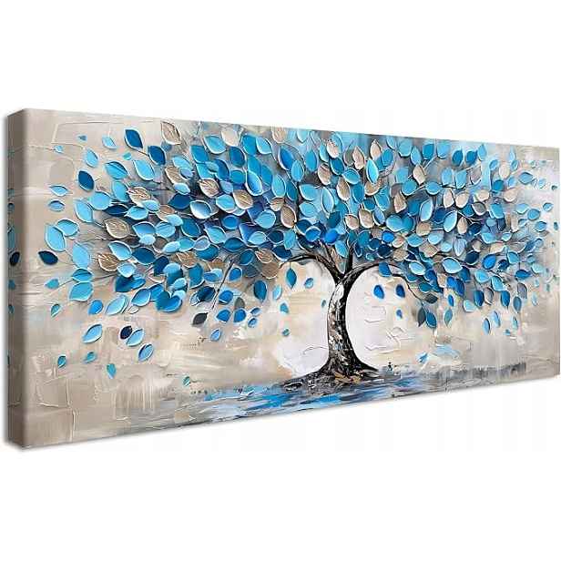 Obraz na plátně strom tyrkysový stříbro dřevěný rám 50x120 cm