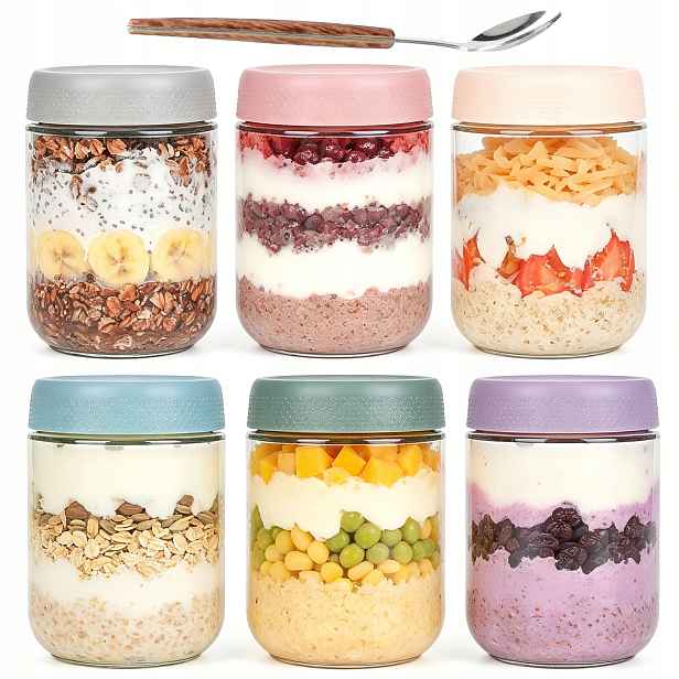 6 x Sklenice Na Jogurt Ovesné Kaše Hermetické Víka Overnight Oats