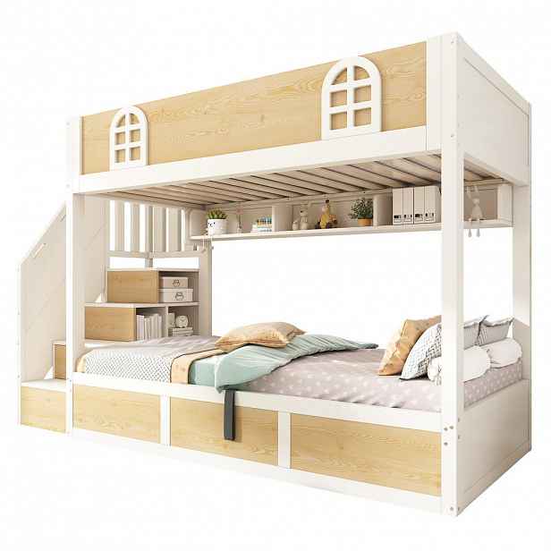 Modfu PATROVÁ postel z MDF, dřevotřísky, překližky a kovu 90x200 cm bílá a přírodní s treppenschrankem, úložným prostorem a bezpečnostním zábradlím