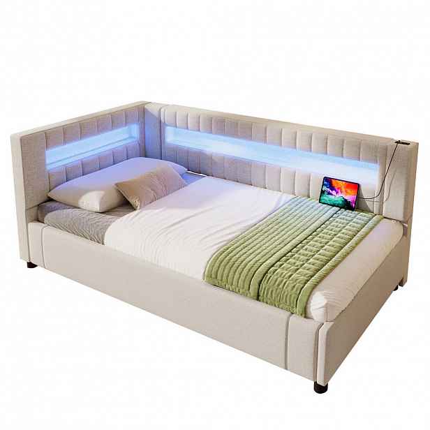 Modfu ČALOUNĚNÁ postel z lnu 90x200 cm béžová s LED osvětlením, USB, USB-C a hydraulickým úložným prostorem