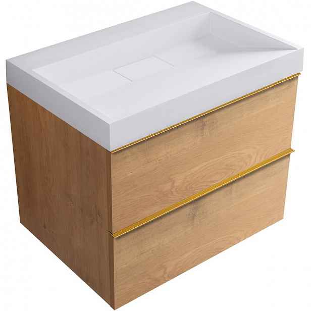 Koupelnová skříňka Velora - dub medový, úchytka zlatá + umyvadlo z lit. mramoru Vita - bílá matná - 70x63x46,5 cm