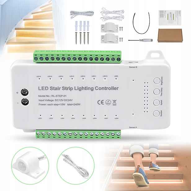 Led Schodišťový Ovladač 16 Stupňů Schodů Kanálů 12-24V 240W Senzory Pir