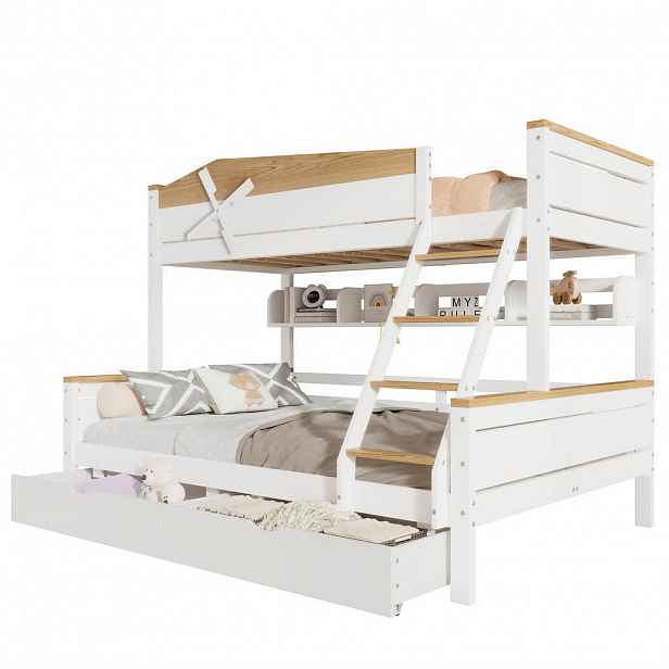 Modfu PATROVÁ postel z borovice a MDF 90x200 a 140x200 cm bílá a přírodní s regály, zásuvkami a čtyřstupňovým šikmým žebříkem