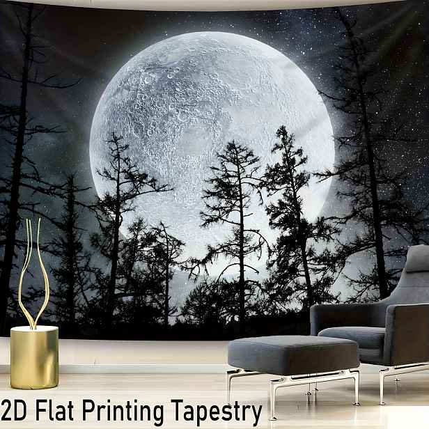 TEMU 2D Plochý, [2D Plochý Tisk] 1 ks - Ultra Velká Velikost - Černobílá Noční Scéna Měsíčního Lesa HD Digitální Tisk Obří Gobelín - Polyester -