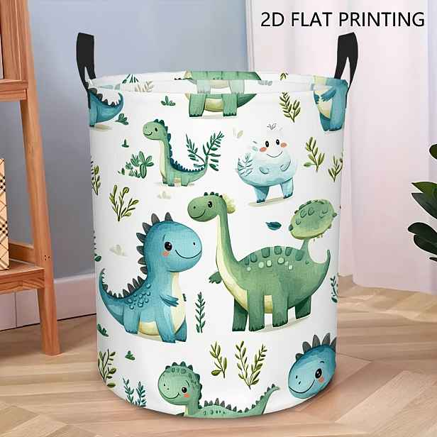 TEMU 1 velký kulatý skládací úložný koš s dinosaura | Pevné ucho, roztomilá organizační krabice do pokoje, tematický úložný koš na oblečení a knihy,