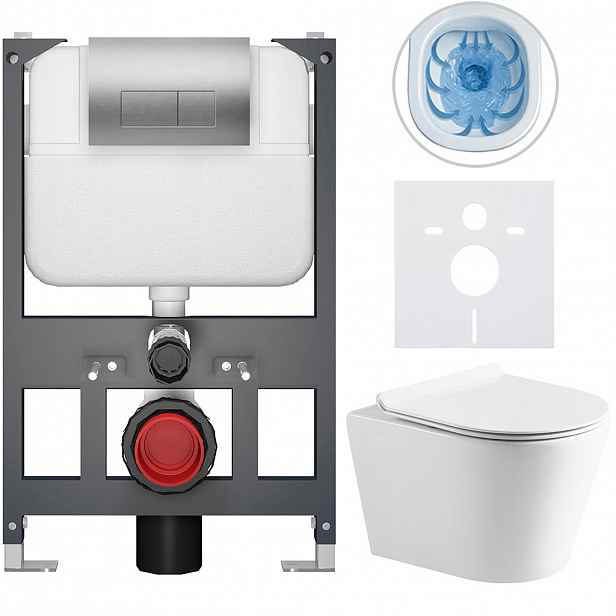 Kompletní WC set Basic/Carlito - bílá lesklá - WC tlačítko Modulo/Stříbrná - závěsné - nízký modul - předstěnová instalace - 48,5x36,5 cm