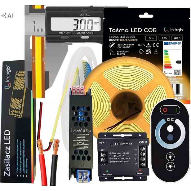Set Led pásek Neon Cob 24V 5 m 3000K Bílý Teplý Ultra Tenký 3MM Dálkový Ovladač