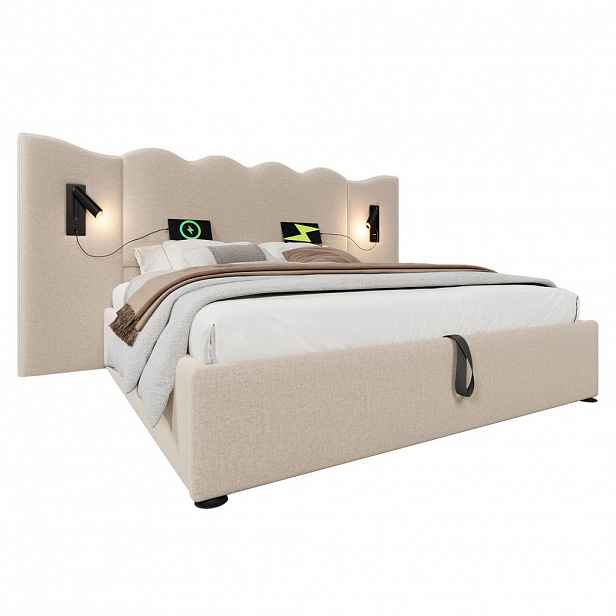 OKWISH ČALOUNĚNÁ postel 160/200 cm béžová z lnu s matrací, LED lampou, USB-C a úložným prostorem