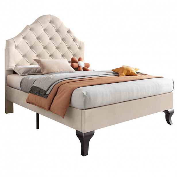 OKWISH ČALOUNĚNÁ postel 90/200 cm béžová ze sametu s nastavitelným čelem a lamelovým roštem