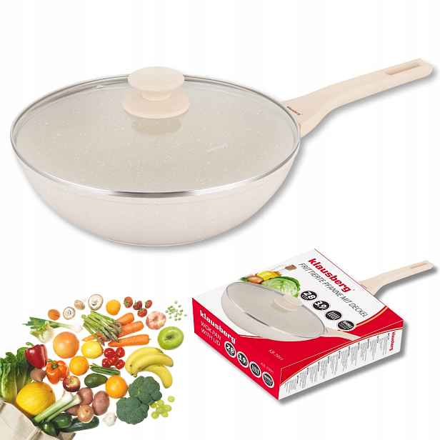 Pánev Wok 28 cm s víkem Krémová indukce Gaz Non-Stick Klausberg 7991
