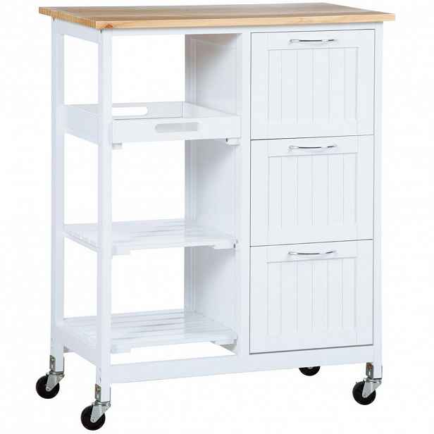 Redom MOBILNÍ kuchyňský ostrůvek na kolečkách 67/37/84 cm s 3 zásuvkami, odnímatelným podnosem a pracovní deskou, MDF, Bílá