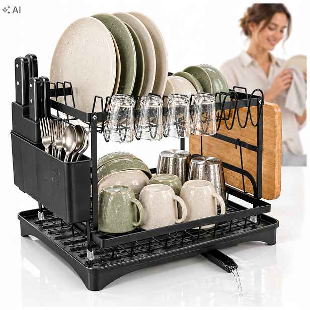 Odkapávač odkapávač na nádobí Dvouúrovňová stojící černá Velký odtok 42 cm
