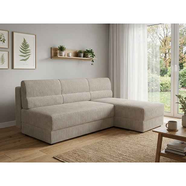 AKCE Rozkládací oboustranná sedací souprava do L TAVERO SLIM 201x140 cm, světle béžová II. jakost