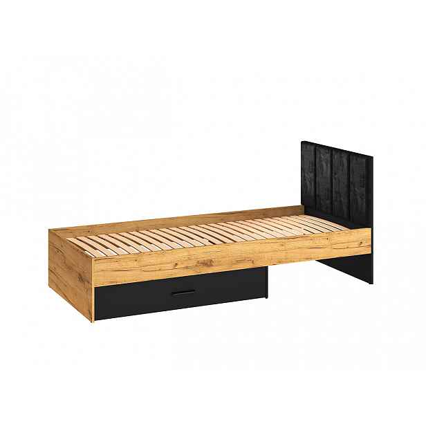 Jednolůžková postel 90x200 SABEL s úložným prostorem - černá / dub craft zlatý