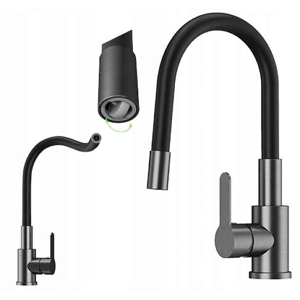 Kuchyňská baterie s flexibilním výtokem gun grey Grado Plus, otočný perlátor