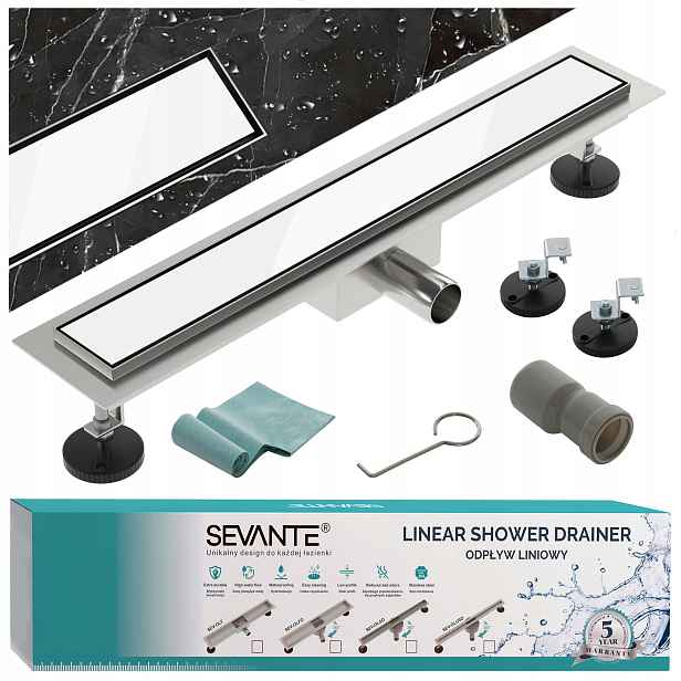 Lineární odtok s maskovacím otvorem 70 cm Flat, bílé sklo, nerezová ocel Sevante