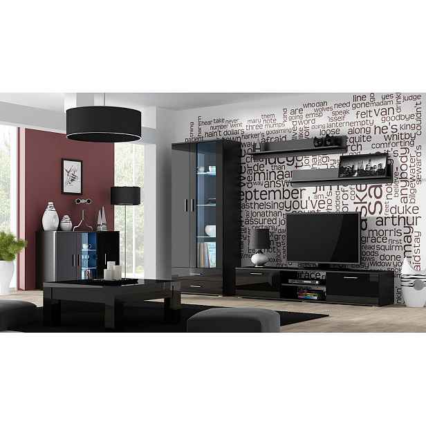 Obývací sestava s LED RGB osvětlením KARA 9 - černá / lesklá černá