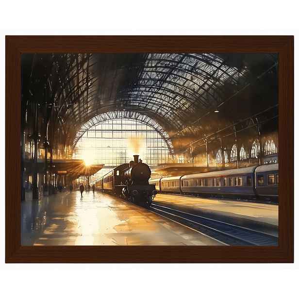 Plakát Rámeček Dřevo Železniční Nádraží Parní Vlak Lokomotiva 80x60