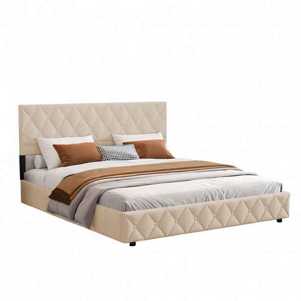 OKWISH ČALOUNĚNÁ postel 90/190 cm béžová s hydraulickým úložným prostorem ze sametu
