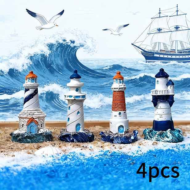 TEMU 4ks Sada, Kreativní Miniaturní Maják, Námořní Téma Oceánský Styl Středomoří Ručně Malovaná Pryskyřicová Soška, Dekorativní Doplněk do Pohádkové