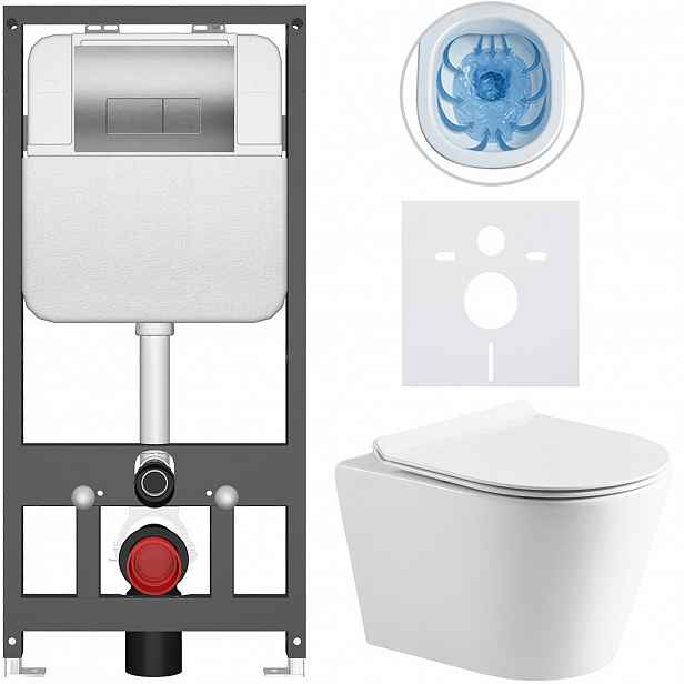 Kompletní WC set Basic/Carlito - bílá lesklá - WC tlačítko Modulo/Stříbrná - závěsné - předstěnová instalace - 48,5x36,5 cm