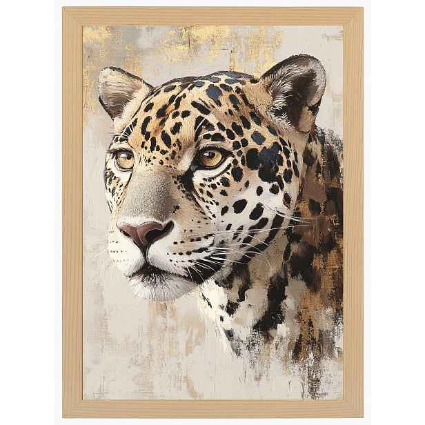 Plakát Rámeček Dřevo Portrét Příroda Zvíře Kočka Jaguar Béžová Hnědá 60x80