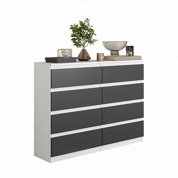 Komoda 120 CM Bílá Matná Antracit 8 Zásuvek, Obývací Pokoj, Ložnice