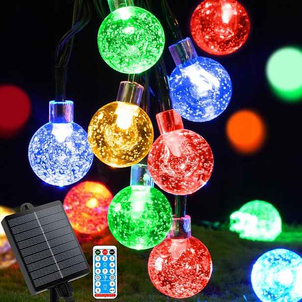 Solární Led Světelný Řetěz 11M 60 Diod Křišťálové Koule IP65 Dálkový Ovladač