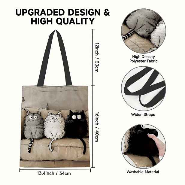 TEMU 1ks Velká Kapacita Feline Trio Print Tote Bag - Odolná Polyesterová Taška Přes Rameno S Pevnými Pásky, Ideální Pro Každodenní Použití, Plánování