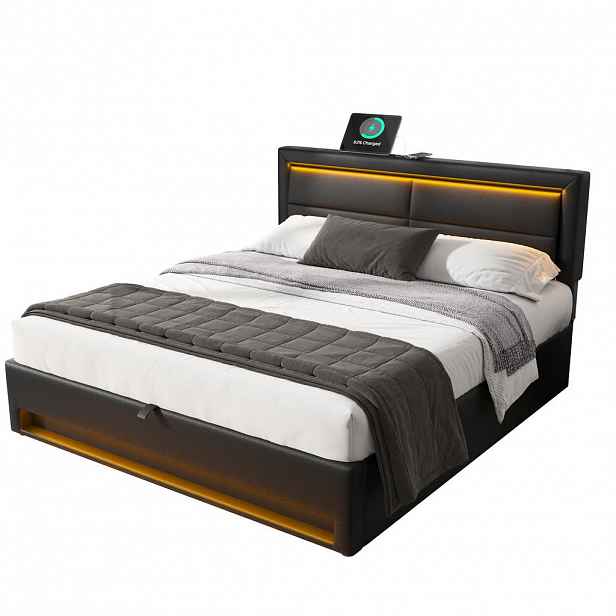 Modfu ČALOUNĚNÁ postel z PU 140x200 cm černá s LED osvětlením, USB nabíjením a úložným prostorem