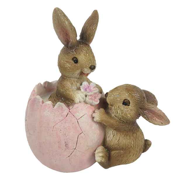 Dekorace hnědých králíčků s růžovým vajíčkem - 9*5*10 cm Clayre & Eef