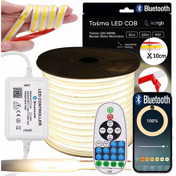 Set Led Pásek Cob 35 m 230 V Bílý Neutrální 4000 K Řezaný Každých 10 CM Bluetooth