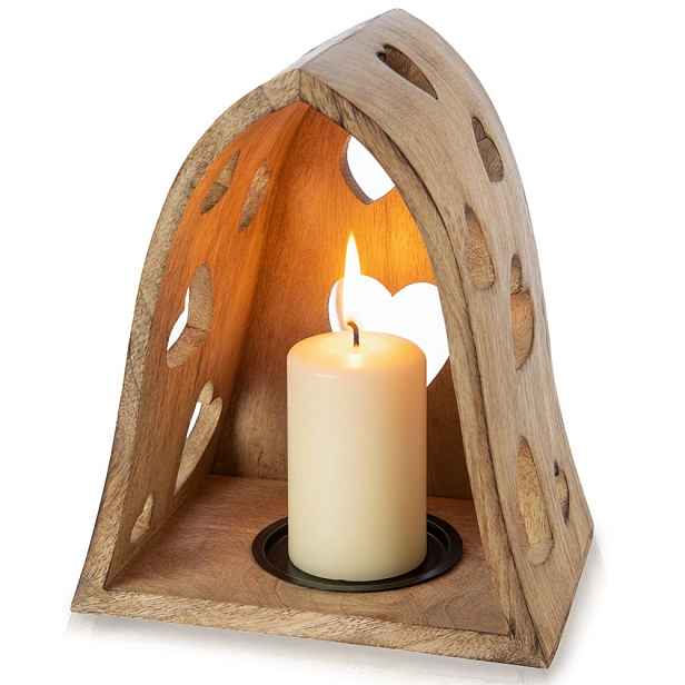 Dřevěný svícen Mango Srdce 23 cm Ažurový Loft Lampion Orion Dům