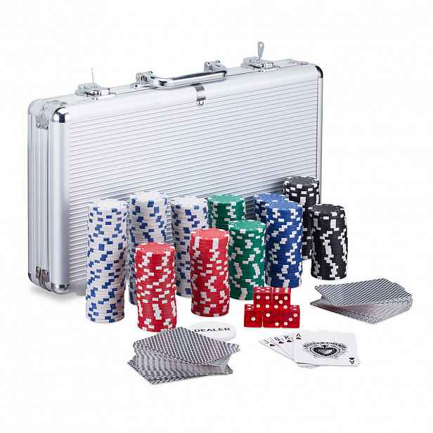 Relaxdays POKERSET Stříbrná 300-ks hliníkový kufřík