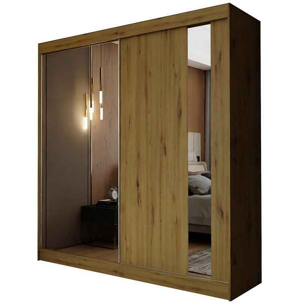 MASSENO ŠATNÍ SKŘÍŇ S POSUVNÝMI DVEŘMI GRAZIA, 200/216/61 cm 2dveřová se zrcadlem, dub Artisan