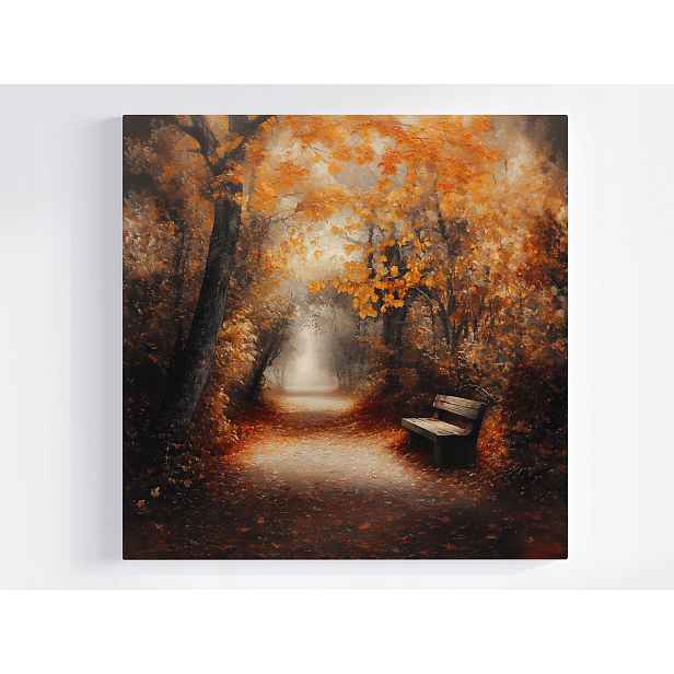 Obraz Na Plátně Canvas Krajina Park Alejka Lavička Podzim Stromy Mlha 50x50