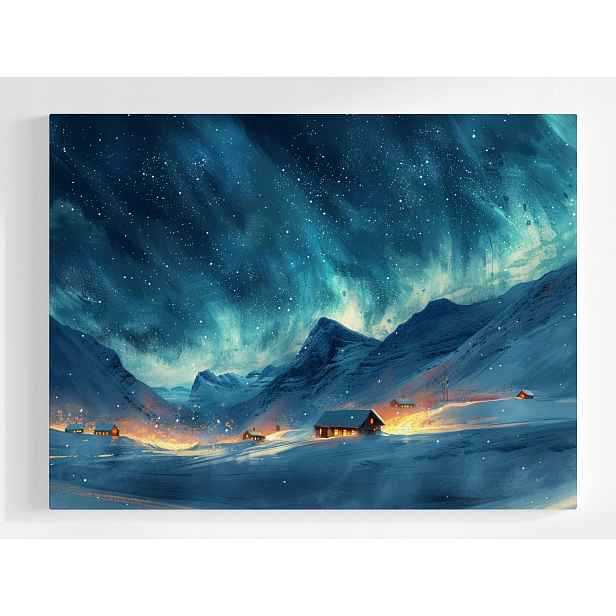 Plakát Krajina Noc Záře Polární Zima Sníh Hory 100x75