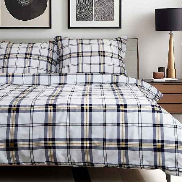 Povlečení bavlněné 220x200 bílá tmavě modrá žlutá kostkovaná tkanina Cottonlove