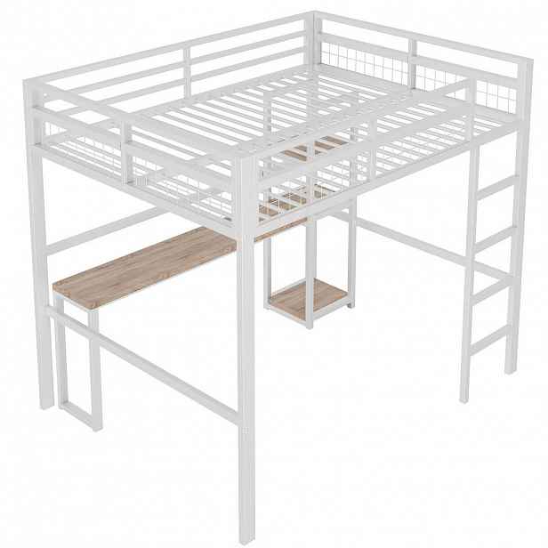 KOMHTOM PATROVÁ POSTEL 140 x 200 cm, ocelový rám, s USB a Type-C, madlem, žebříkem, bez matrace, bílá