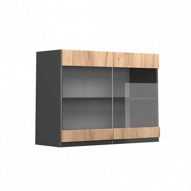 Vicco SKLENĚNÁ KUCHYŇSKÁ SKŘÍŇKA R-Line Zlatý mocný dub 80 cm Tvar J